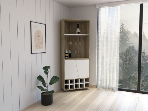 BMB 7740 - BAR ESQUINERO FRAKTAL - MACADAMIA+BLANCO NVDO - CERRADO FRAKTAL | CORNER BAR CABINET | MACADAMIA & WHITE