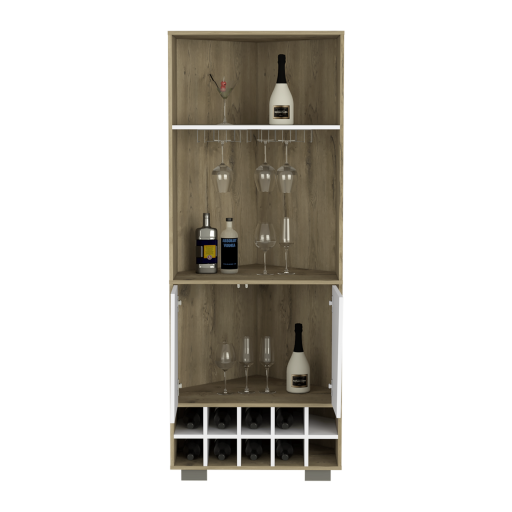 BMB 7740 - BAR ESQUINERO FRAKTAL - MACADAMIA+BLANCO NVDO - FRONTAL ABIERTO FRAKTAL | CORNER BAR CABINET | MACADAMIA & WHITE